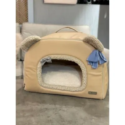 Домик из эко-кожи для собак и котов Pretty Pet "Bear House" бежевого цвета, с ушами