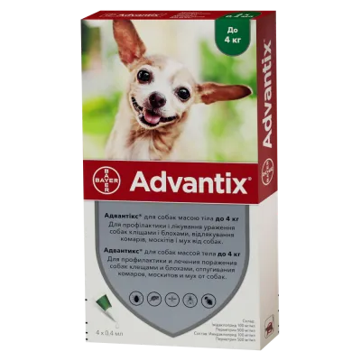 Advantix капли от блох и клещей для собак до 4кг 1амп. 0,4мл