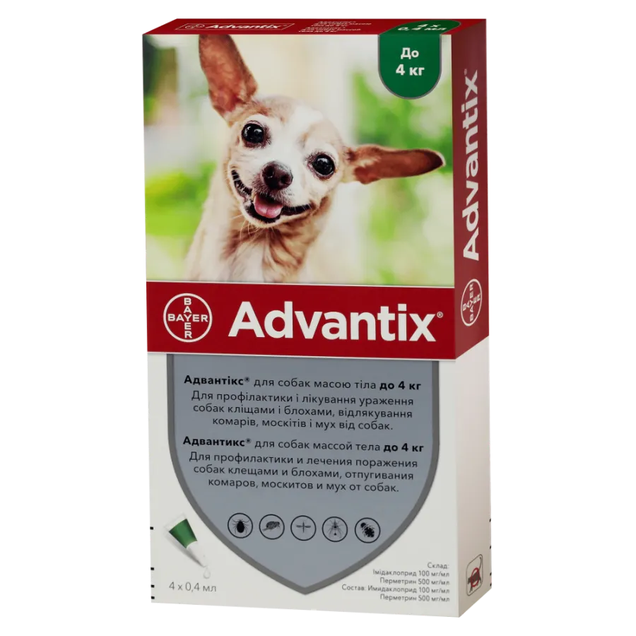 Advantix капли от блох и клещей для собак до 4кг 1амп. 0,4мл — фото 1