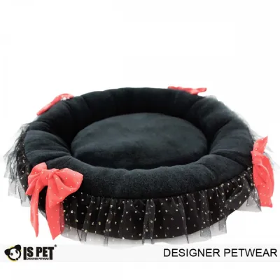 Лежанка для собак і котів Is Pet Gliter ribbon bed чорна плюшева з мереживом і бантиками