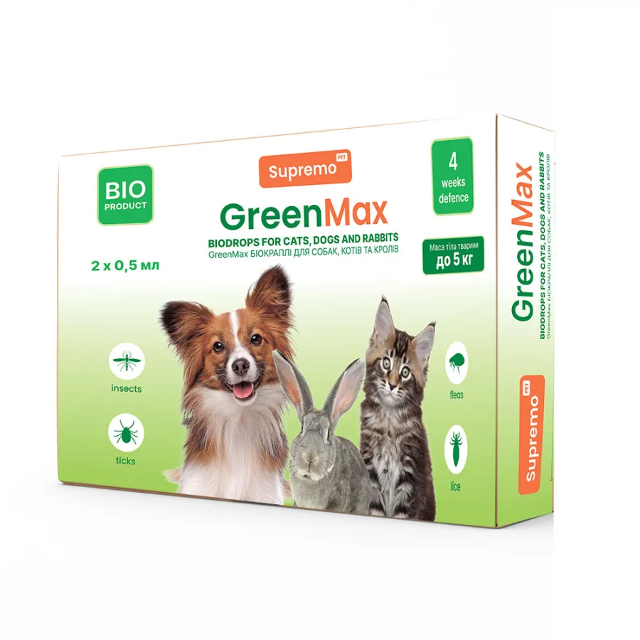 Краплі GREENMAX БИО для котів, дрібних собак і кроликів, до 5 кг 0,5 мл — фото 1