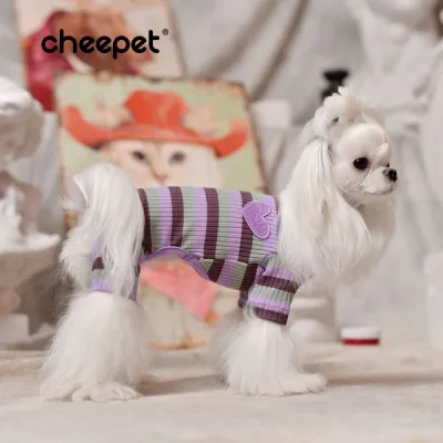 Трикотажний комбінезон для собак Cheepet Сердечко, смугастий без капюшона, бузкового кольору