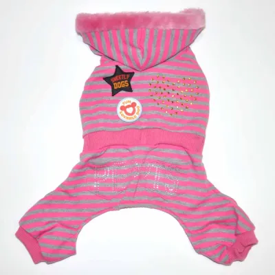 Трикотажний комбінезон для собак Lovable Dog Peppets у смужку з капюшоном, малиновий