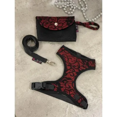 Шлея для собак Pretty Pet тканевая с кружевом, нейлоновые ремешки, с поводком, Fancy Lace красный