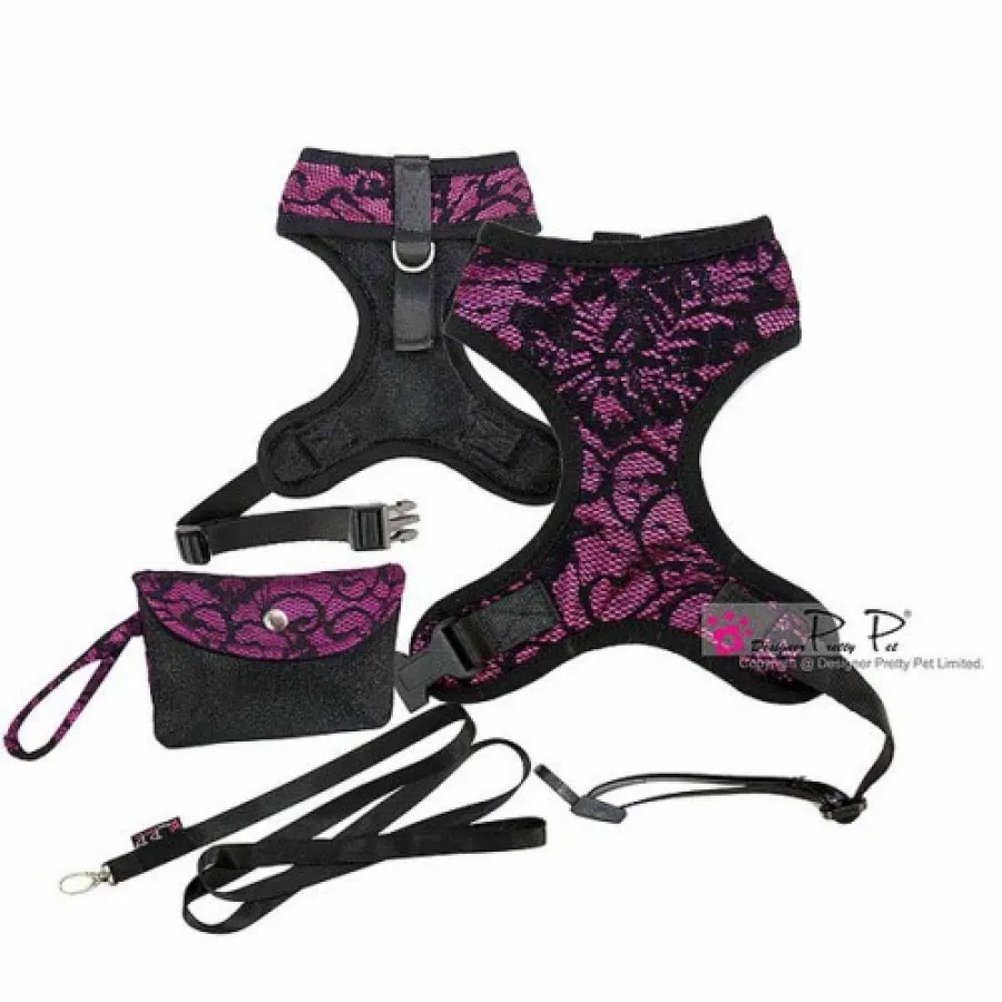 Шлея для собак Pretty Pet тканевая с кружевом, нейлоновые ремешки, с поводком, Fancy Lace фиолетовый — фото 1