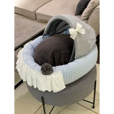 Лежанка-люлька для собак Boris House Baby Cradle, плюшевий матрац, коричнева в блакитну клітинку