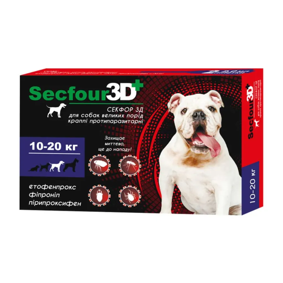 Secfour 3D капли для собак противопаразитные от блох и клещей (этофенпрокс/фипронил/пирипроксифен) 10-20кг — фото 1