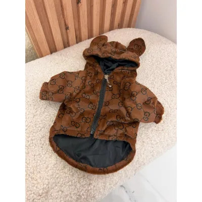Шуба для собак GUCCI на блискавці з вушками на капюшоні на шовковій підкладці, коричнева
