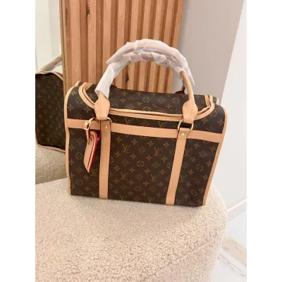 Сумка-переноска для собак и кошек Louis Vuitton с бежевыми ручками и железной сеточкой, коричневая