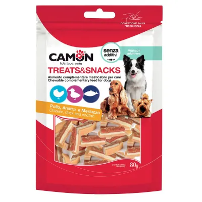 Лакомство для собак мясное Camon кусочки из курицы, утки и трески, 80 гр, 3*1 см