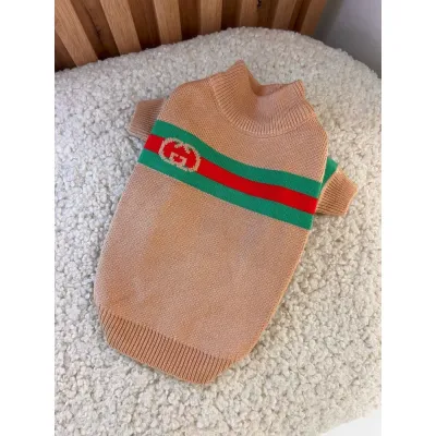Светр для собак GUCCI зі зелено-червоним смугою, бежевий
