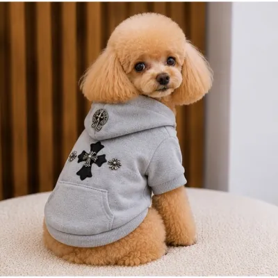 Худи Chrome Hearts Style с декоративными крестами для собак и кошек | Серая теплая толстовка с капюшоном