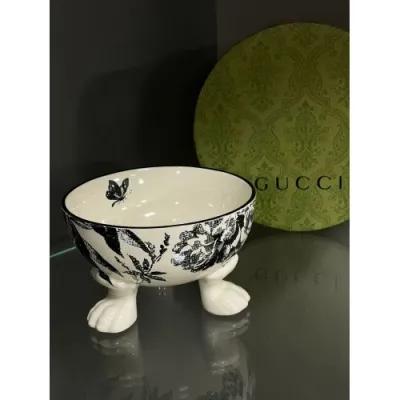 Керамічна миска для тварин собак і котів GUCCI з квітами на лапках, синя