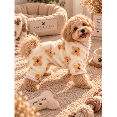 Тёплый плюшевый комбинезон для собак Teddy Bear молочный с мишками