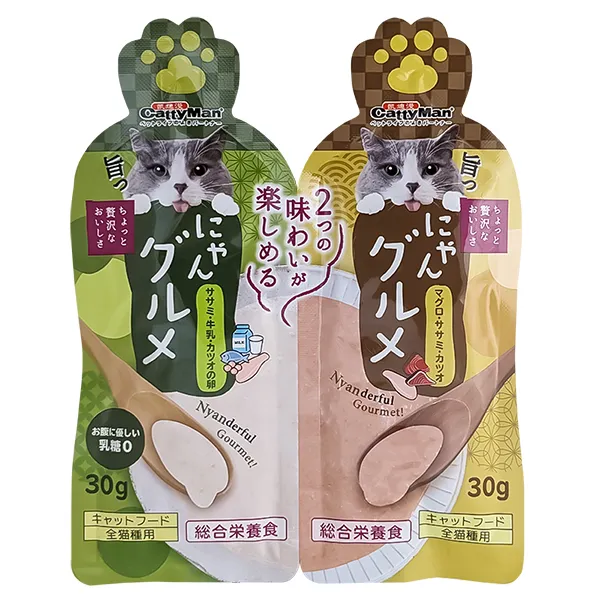 CattyMan Complete Twins Pouch КЕТТІМЕН ДВА СМАКИ: КУРКА МОЛОКО ІКРА ТА ТУНЕЦЬ КУРКА МАКРЕЛЬ крем-пюре, рідкий корм для котів — фото 1