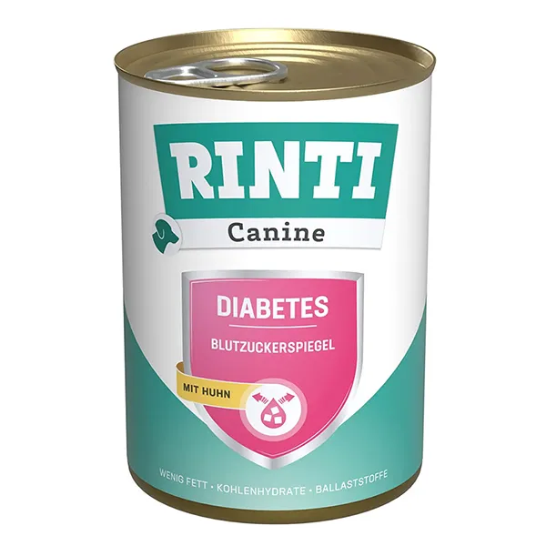 Rinti Canine Veterinary Diabetes mit Huhn РІНТІ ВЕТЕРІНАРІ ДІАБЕТ КУРКА дієтичний вологий корм для собак із цукровим діабетом і ожирінням, банка — фото 1