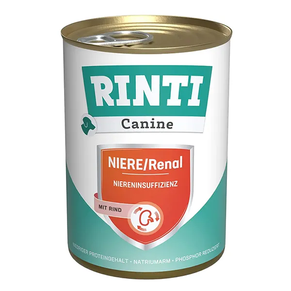 Rinti Canine Veterinary Niere/Renal mit Rind РІНТІ ВЕТЕРІНАРІ РЕНАЛ ЯЛОВИЧИНА дієтичний вологий корм для собак із захворюваннями нирок, банка — фото 1