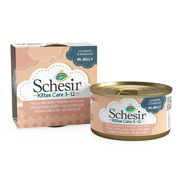 Schesir Kitten Care Chicken with Aloe ШЕЗІР КУРКА З АЛОЕ в желе натуральні консерви для кошенят, повнораціонний вологий корм, банка 85г — фото 1