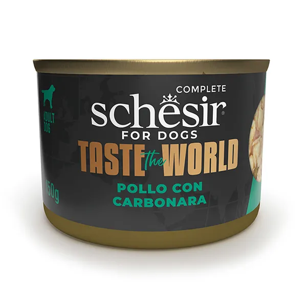 Schesir Taste the World Chicken with Carbonara ШЕЗІР КУРКА З КАРБОНАРОЮ в бульйоні натуральні консерви для собак, вологий корм, банка 150г — фото 1