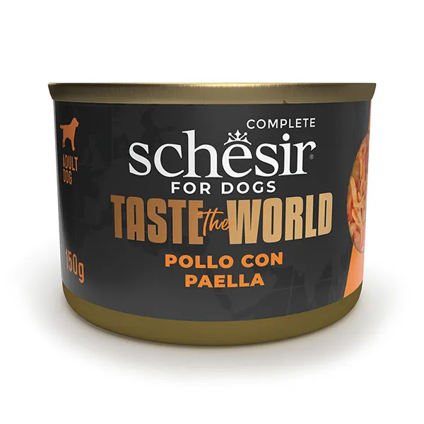 Schesir Taste the World Chicken With Paella ШЕЗІР КУРКА З ПАЕЛЬЄЮ в бульйоні натуральні консерви для собак, вологий корм, банка 150г — фото 1
