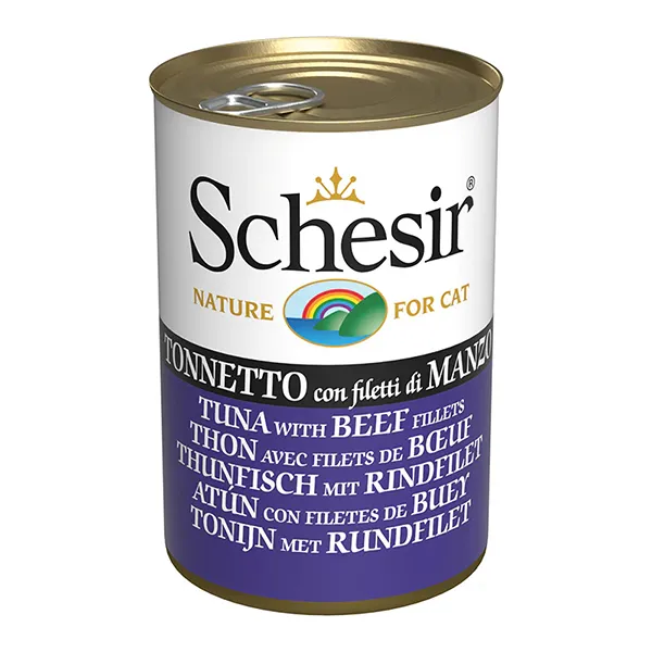 Schesir Tuna with Beef Fillets ШЕЗІР ТУНЕЦЬ З ФІЛЕ ЯЛОВИЧИНИ в желе натуральні консерви для котів, вологий корм, банка 140г — фото 1