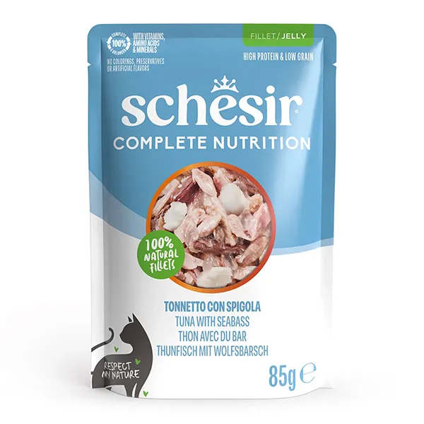 Schesir Tuna with Seabass ШЕЗІР ТУНЕЦЬ З ОКУНЕМ в желе повнораціонний вологий корм консерви для котів, пауч 85г — фото 1