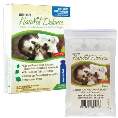 Капли от комаров, блох и клещей для собак до 7 кг Sentry Natural Defense