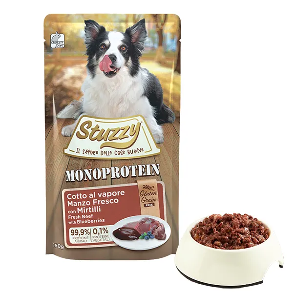 Stuzzy Monoprotein Beef with Blueberries ШТУЗІ МОНОПРОТЕЇН ЯЛОВИЧИНА З ЧОРНИЦЕЮ беззерновий повнораціонний монопротеїновий вологий корм для собак, пауч 150г — фото 1