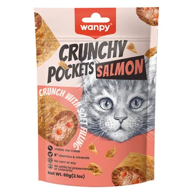 Ласощі для котов хрустящие подушечки с лососем и икрой Wanpy Crunchy Pockets