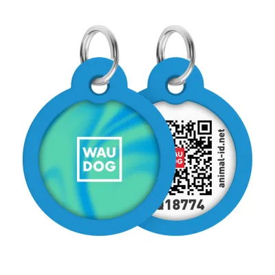 Адресник для собак и кошек металлический WAUDOG Smart ID с QR-паспортом, рисунок «Градиент голубой», круг, Д 30 мм
