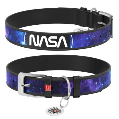Ошейник для собак кожаный WAUDOG Design с QR паспортом, рисунок "NASA21", черный