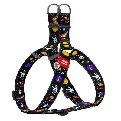 Шлея для собак WAUDOG Nylon, QR паспорт, малюнок "NASA", пластиковий фастекс, Ш 35 мм, А=В 70-100 см