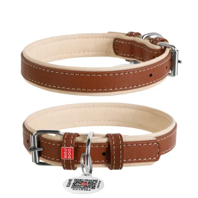 Ошейник для собак кожаный WAUDOG Soft с QR паспортом, коричневый