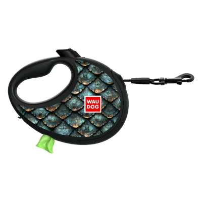 Поводок-рулетка для собак WAUDOG R-leash с контейнером для пакетов, рисунок «Чешуя», светоотражающая лента, до 40 кг, 5 м