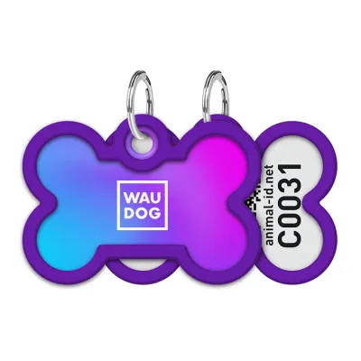 Адресник для собак и кошек металлический WAUDOG Smart ID с QR паспортом, рисунок "Градиент фиолетовый", кость, Д 40 мм, Ш 28 мм