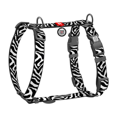 Шлея для собак анатомическая H-образная WAUDOG Nylon с QR-паспортом, рисунок "Зебра", пластиковый фастекс