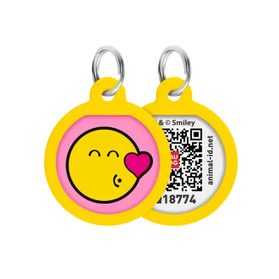 Адресник WAUDOG Smart ID, металл, QR, «Смайли на розовом», круг, 25 мм