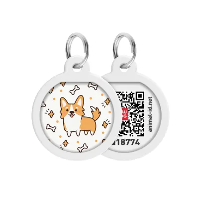 Адресник для собак и кошек металлический WAUDOG Smart ID с QR паспортом, рисунок «Корги», круг, Д 25 мм