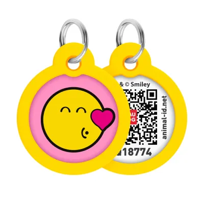 Адресник для собак и кошек металлический WAUDOG Smart ID с QR паспортом, рисунок «Смайли на розовом», круг, Д 30 мм