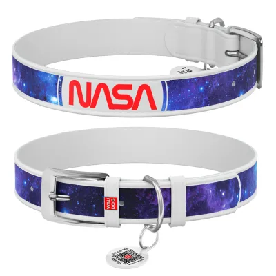 Ошейник для собак кожаный WAUDOG Design, QR паспорт, рисунок "NASA21", белый