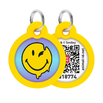 Адресник для собак и кошек металлический WAUDOG Smart ID с QR паспортом, рисунок «Смайлы на голубом», круг, Д 30 мм