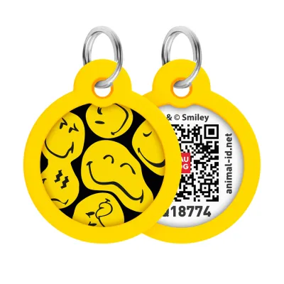 Адресник для собак и кошек металлический WAUDOG Smart ID с QR-паспортом, "Смайли на черном", круг, Д 30 мм
