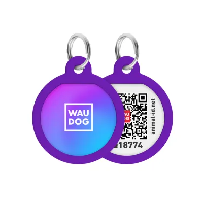 Адресник для собак и кошек металлический WAUDOG Smart ID с QR-паспортом, "Градиент фиолетовый", круг, Д 25 мм