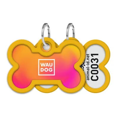 Адресник для собак и кошек металлический WAUDOG Smart ID с QR паспортом, рисунок "Градиент оранжевый", кость, Д 40 мм, Ш 28 мм