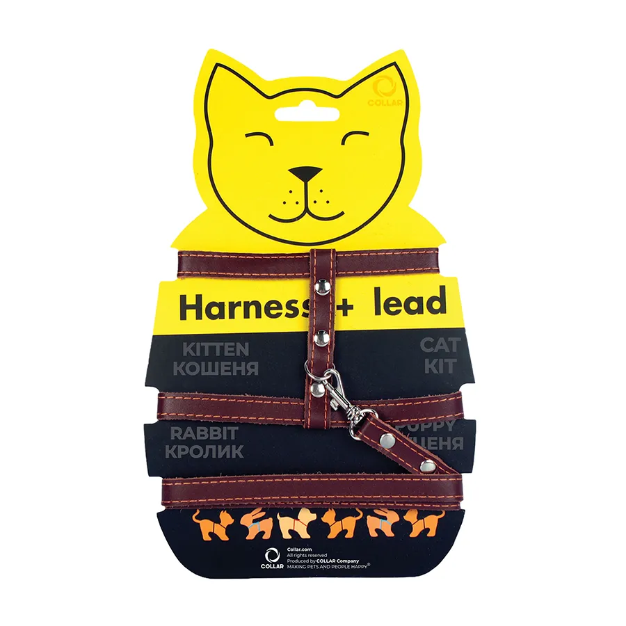 Шлея CoLLaR кожаная с поводком для кошек, 12 мм, 22-30 см, 30-40 см, 122 см, коричневая — фото 1