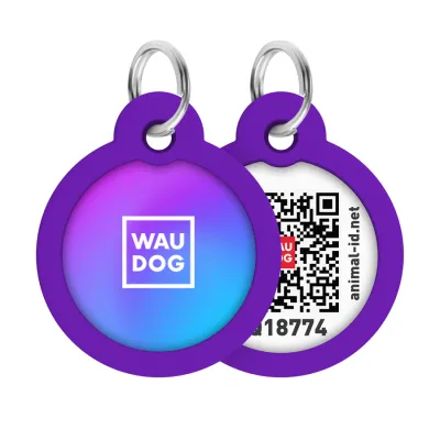 Адресник для собак и кошек металлический WAUDOG Smart ID с QR паспортом, рисунок "Градиент фиолетовый", круг, Д 30 мм