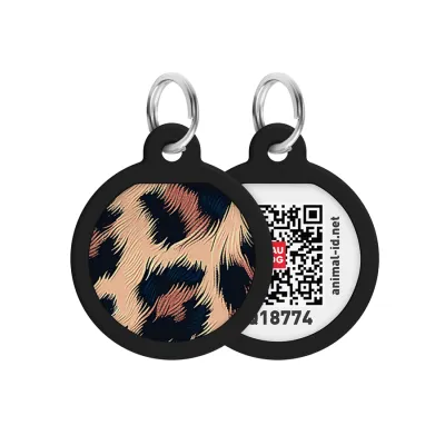 Адресник для собак и кошек металлический WAUDOG Smart ID с QR паспортом, рисунок «Леопард», круг, Д 25 мм
