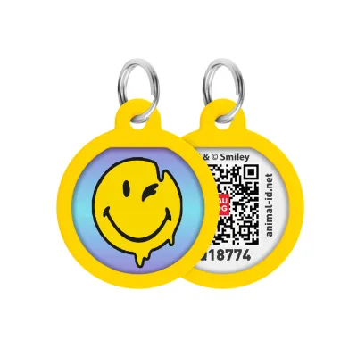 Адресник для собак и кошек металлический WAUDOG Smart ID с QR паспортом, рисунок «Смайлы на голубом», круг, Д 25 мм