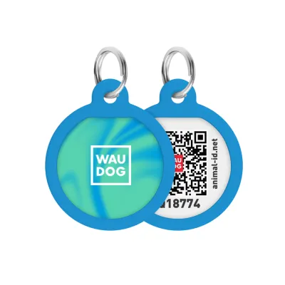 Адресник для собак и кошек металлический WAUDOG Smart ID с QR паспортом, рисунок «Градиент голубой», круг, Д 25 мм