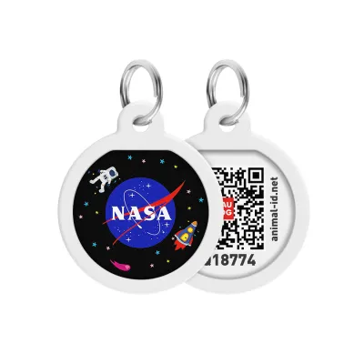 Адресник для собак и кошек металлический WAUDOG Smart ID с QR паспортом, рисунок "NASA", круг, Д 25 мм